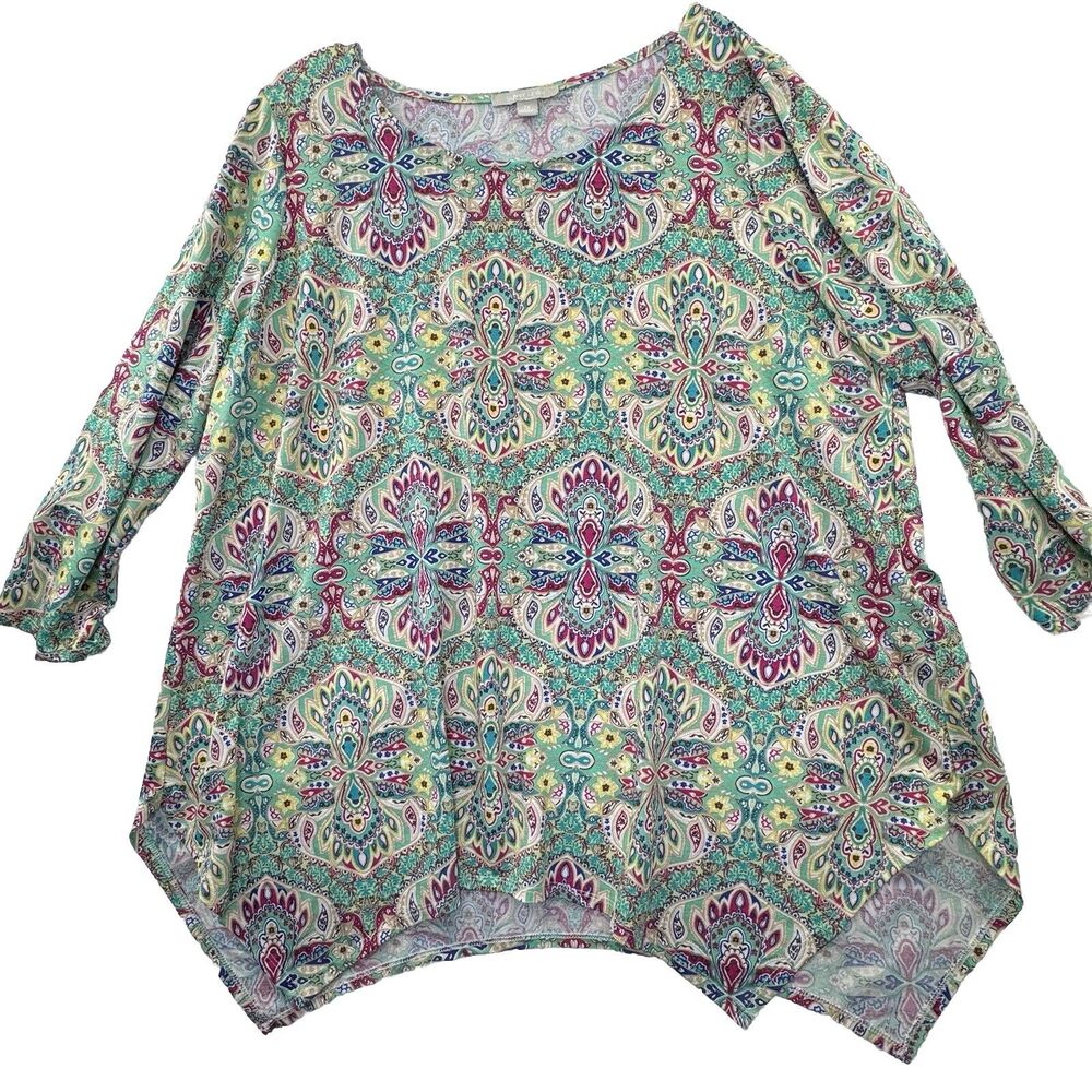 Sunny Leigh Top Womens 2X Colorful Paisley Print 3/4 Sleeve
